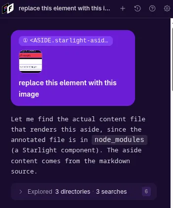 A conversation in progress — the user's prompt at top, followed by the agent's tool calls (screenshot, read file, edit) streaming in, and a final response.