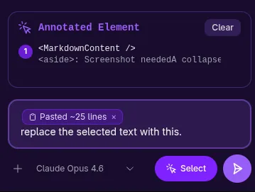 A collapsed text chip in the input bar — showing how long pastes become compact inline chips