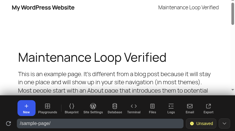 Logged-out WordPress Playground page with the title Maintenance Loop Verified on desktop