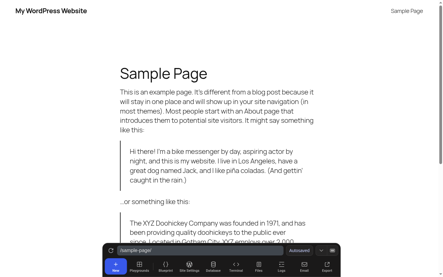 Restored WordPress Playground page with the original Sample Page title